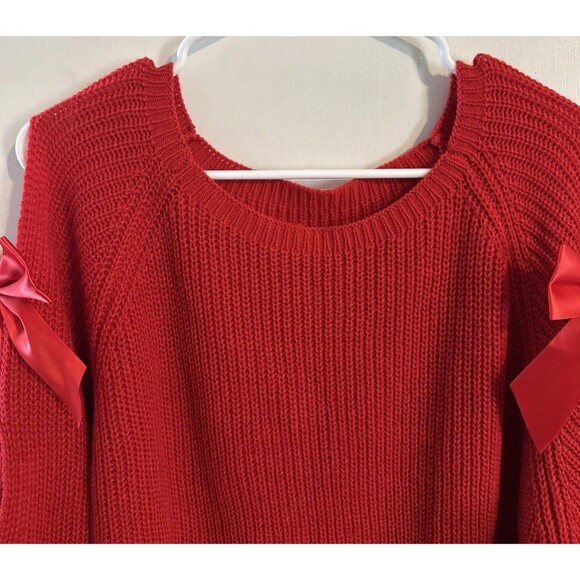 LADIES TIE BOW SLEEVE Red WOMEN SLIT RIBBON ARM KNITTED PULLOVER WARM TOP - Picture 3 of 7